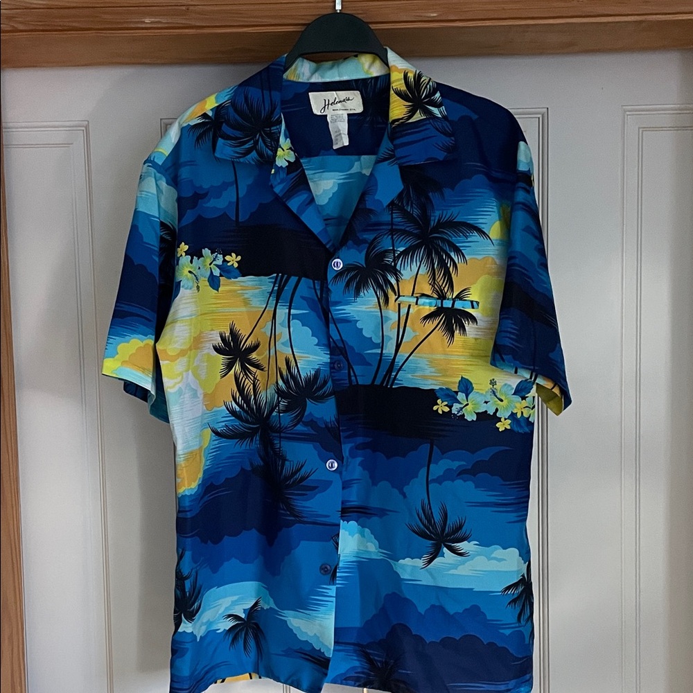 Helena Vintage 70’s Blue and Yellow Tropical Men's Shirt. Size L